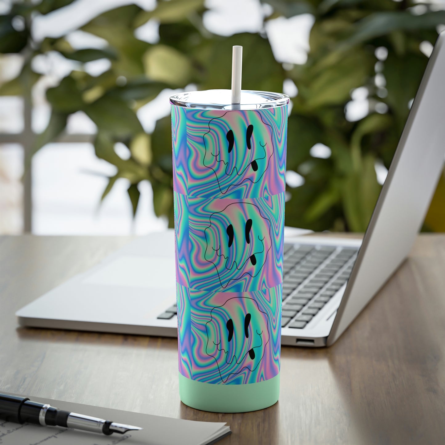 Trippy Drippy Smiley Face Skinny Steel Tumbler with Straw, 20oz