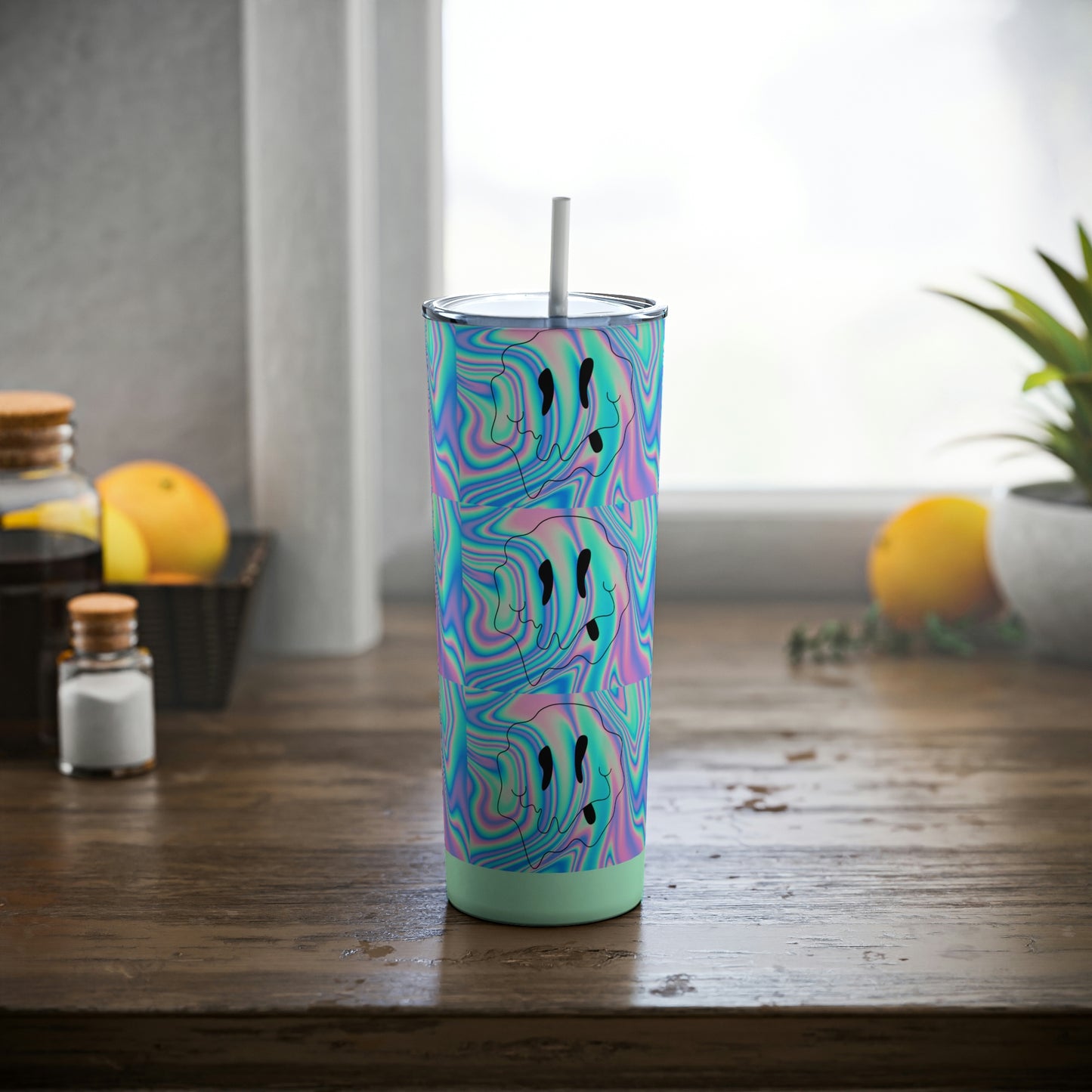 Trippy Drippy Smiley Face Skinny Steel Tumbler with Straw, 20oz