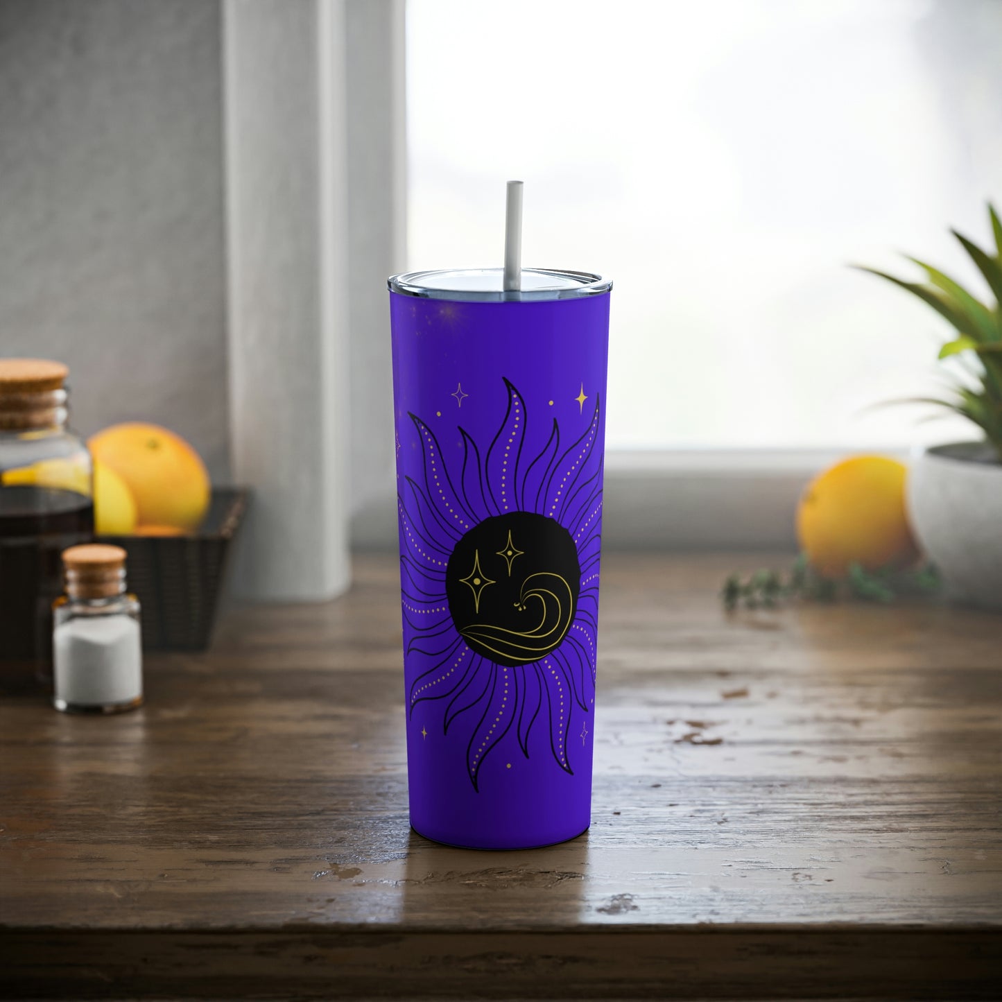 Purple Galaxy Sun Skinny Steel Tumbler with Straw, 20oz
